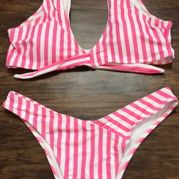 Striped White and Pink Tie Front Cheeky Bikini - Picture 2 of 8